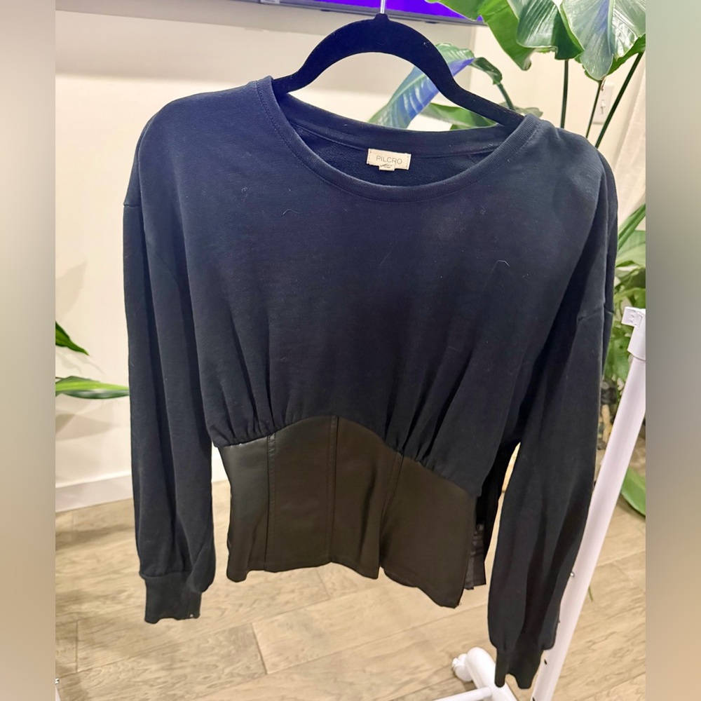 Pilcro Anthropologie NWOT Faux Leather Corset Knit Sweatshirt, Small